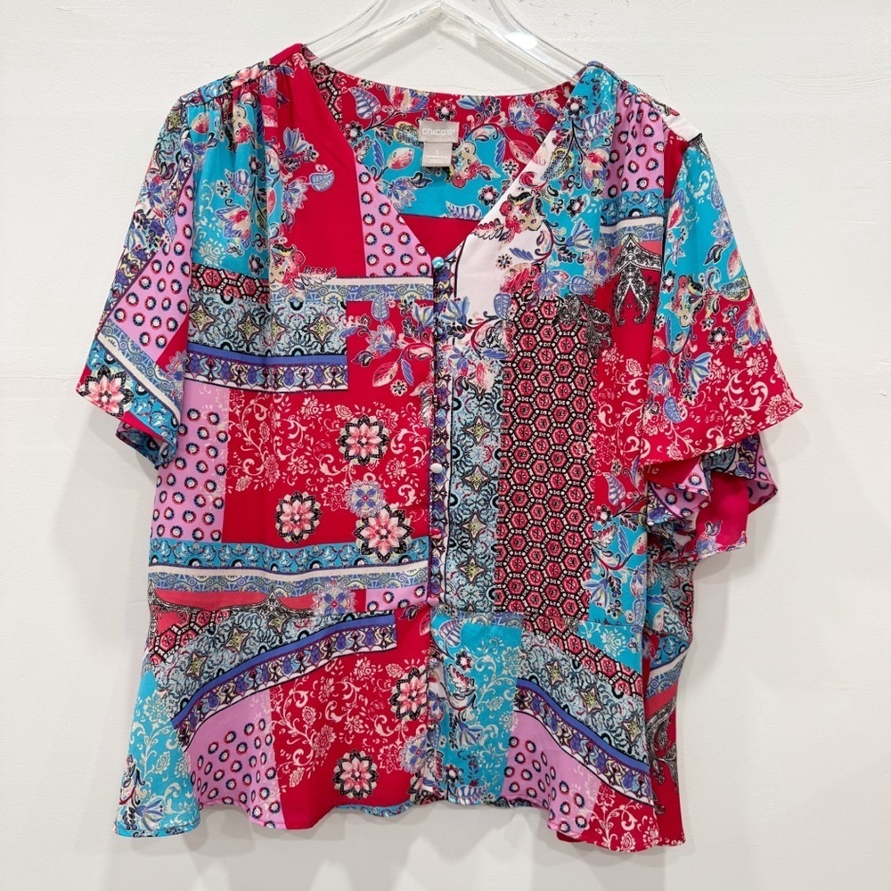 Chico’s Patchwork Print Peplum Flutter Short Sleeve Blouse Top Button Front
